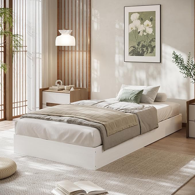 Wood Platform Bed with Sturdy Wooden Slats, Twin Size Floor-Standing Bed Frame, Modern Minimalist Design Space-Saving Bed Frame, No Box Spring Needed, Easy Assembly, White