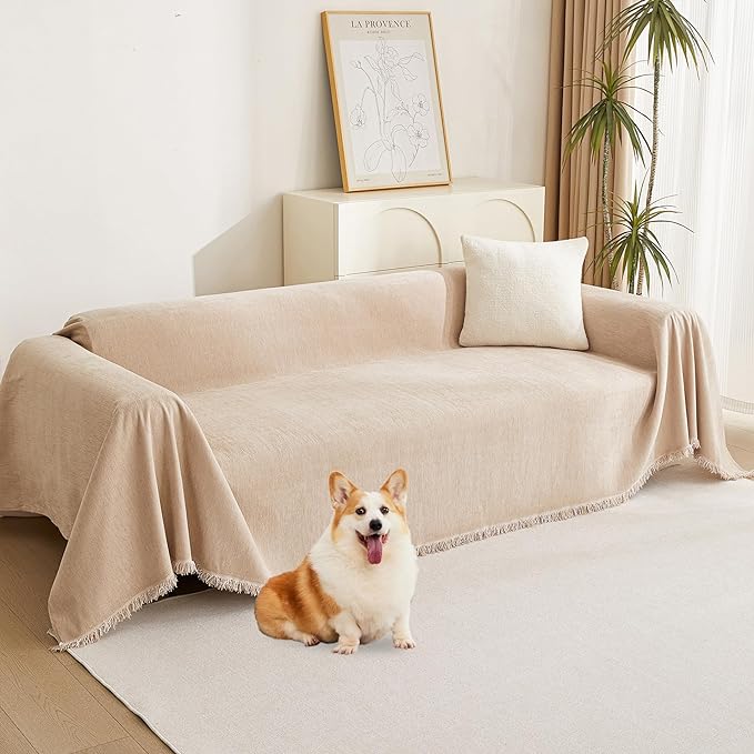 MYSKY HOME Khaki Sectional Sofa Covers Chenille Couch Cover for Dogs Solid Sofa Cover for 3 Cushion Couch Washable Couch Covers with Tassel Edge L Shape Sofa Throw Large Sofa Slipcover, 71" X134"