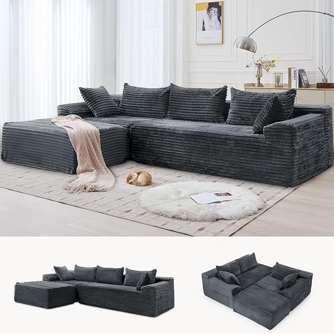 110" L-Shaped Modular Sectional Sofa with Chaise, Boneless Comfy Corduroy Fluffy Couch with Deep Seat and Side Pockets, Flexible Module Combination for Living Room, No Assembly, Side Pockets