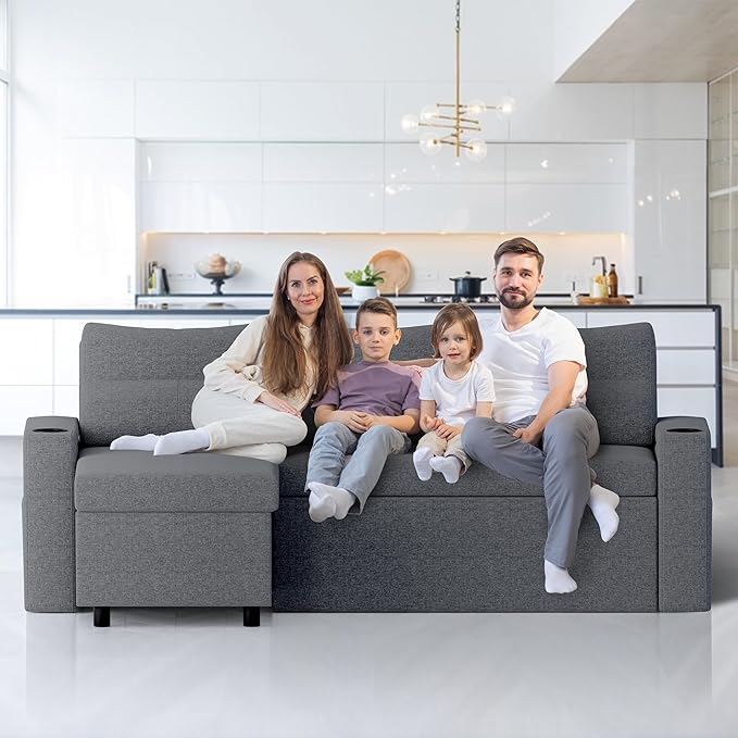 Pamapic 81" Sleeper Sofa with Armrest Storage,L-Shaped Sofa with Supportive Cushions,Cup Holders,Side Pockets,Pull Out Sleeper Sofa Bed,Pullout Sectional Sofa Couch with Large Storage,Gray