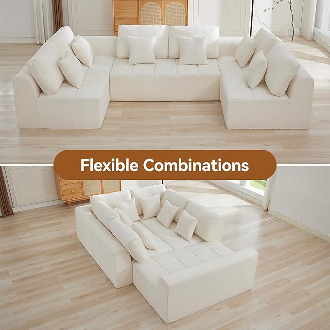 140''Modular Sectional Couches for Living Room, Cloud Boneless Compressed Sectional Sofa, Oversized U Shaped 6 Seater Upholstered Memory Foam Sofa, No Assembly, Chenille Beige