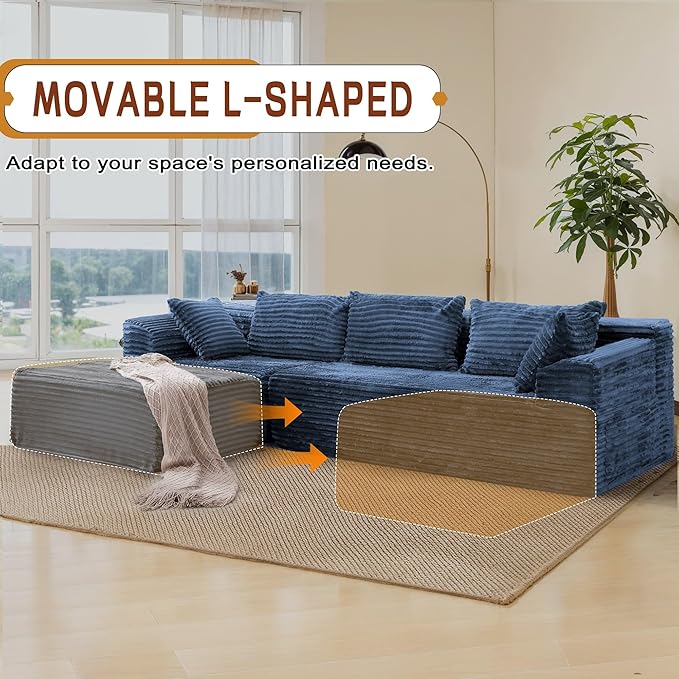 110" L-Shaped Modular Sectional Sofa with Chaise, Boneless Comfy Corduroy Fluffy Couch with Deep Seat and Side Pockets, Flexible Module Combination for Living Room, No Assembly, Side Pockets