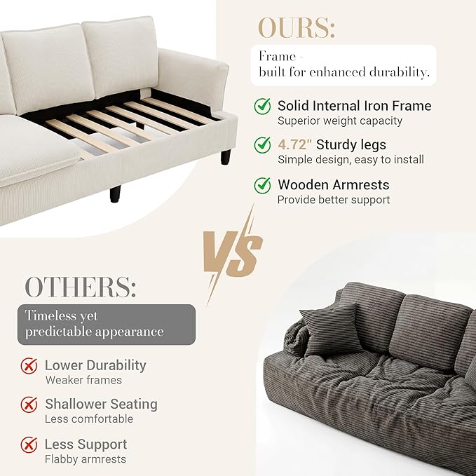 3 Seater Corduroy Couch, 89" Comfy Couch with Deep Seat, Modern Sofa Couch for Living Room, Office, Bedroom, Apartment (Pillows not Included) | Breathable material, Pet - friendly, Strong support