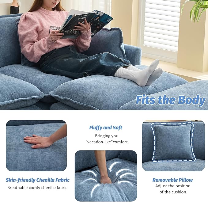 41'' Modern Chenille Oversized Chair, Upholstered Accent Living Room Chair with Extra Thicked Deep Seat, Single Lounge Chair for Bedroom, Small Apartment, Blue