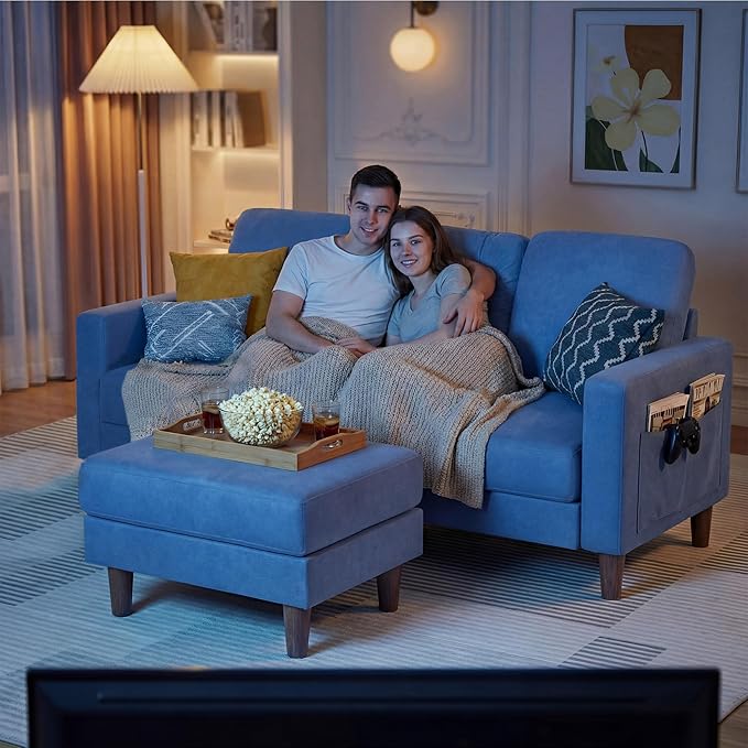 YESHOMY L-Shaped Sofa Couch, Small Couch with Reversible Chaise and Ottoman, Convertible Sectional Comfy 3 Seat Sofas with Side Pockets for Apartment and Living Room (Blue)