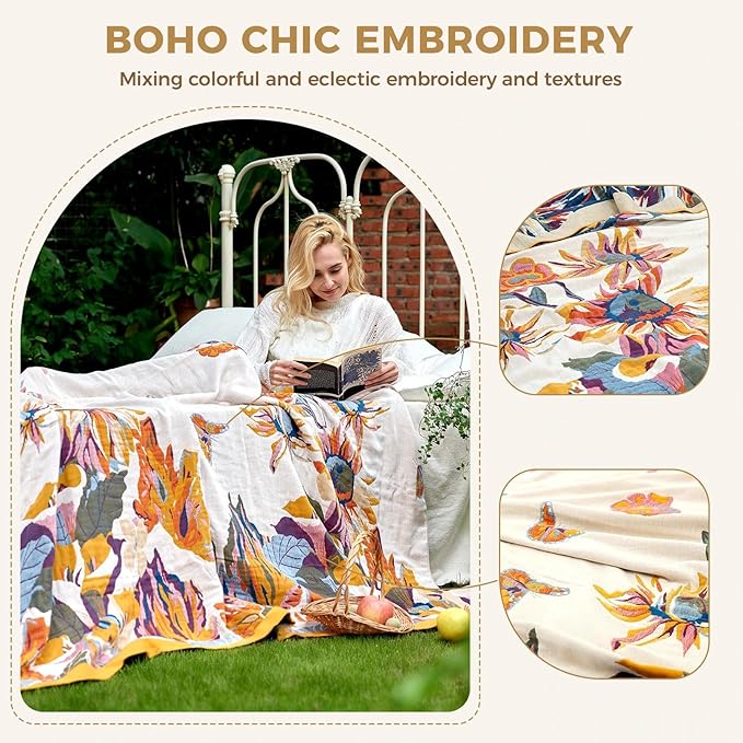 Boho Throw Blanket for Bed 100% Cotton Soft Lightweight Quilt Floral Butterfly Embroidery Home Decor Spring Bed Blankets,98"x98" All Season Reversible Blankets for Sofa Couch Chair