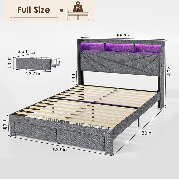 Driftalia Full Size Bed Frame with 2-Tier Storage Headboard, Upholstered Full Bed Frame with 2 Drawers, Charging Station and LED Lights, No Box Spring Needed, Easy Assembly - Light Grey