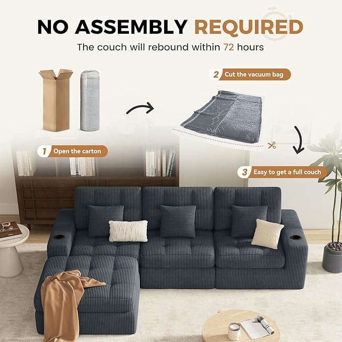 112" L Shaped Cloud Boneless Couch,Modern Modular Sectional Sofa with Layered Cushion,No Assembly Convertible Corduroy Couches for Living Room,Dark Grey 1 PCS