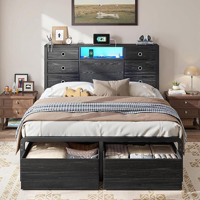 Homkdom Full Size Bed Frame with 8 Fabric Storage Drawers, LED Lights & Charging Station, Metal Platform Bed Frame with Headboard Storage,No-Noise,Easy Assembly,Black