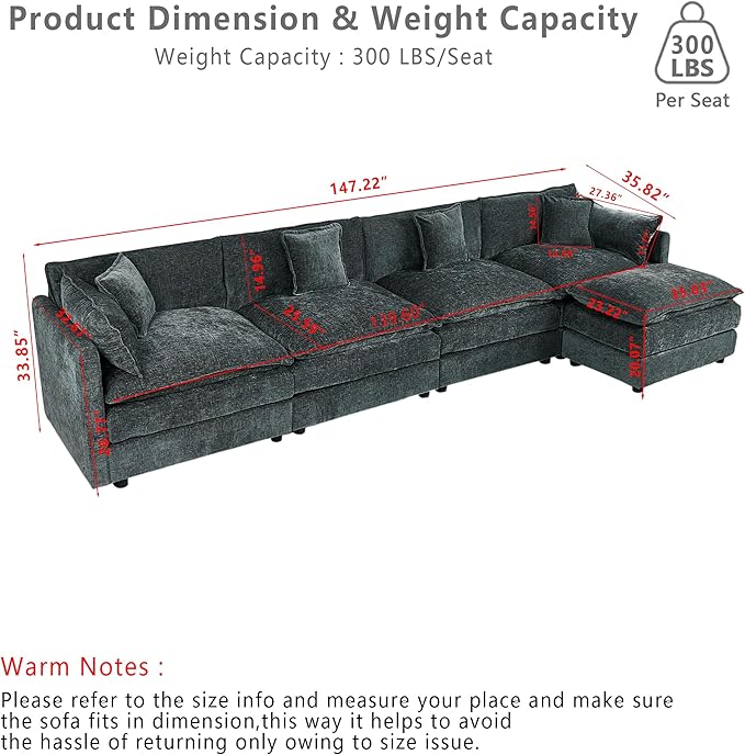 Setawix Deep 4 Seater Couch with Ottoman,147.22" L-Shaped Cloud Couches for Living Room,Chenille Cloud Sofa Couch with Deep Seat,Modular Sectional L Shape 4 Seat Sofa for Bedroom (Grey, 4+1)