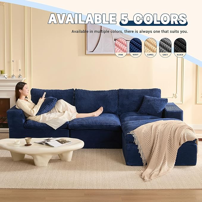 106.3” Sectional Couches for Living Room, Set of Cloud Couch, Modular Sectional Sofa, Convertible Sofas Bed, Deep Seat Sofa, L Shaped Cozy Sofa Furniture Set, Corduroy, Blue