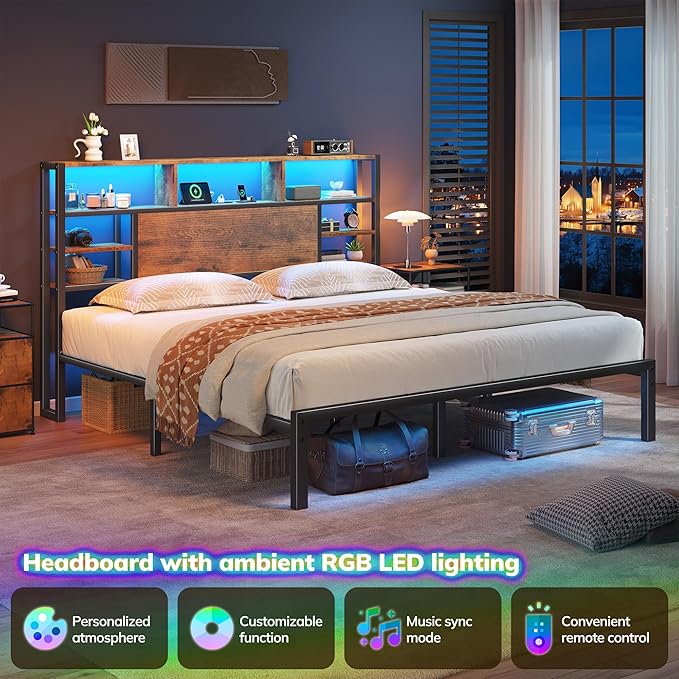 Homkdom King Size Bed Frame with Storage Headboard, LED Lights & Charging Station Heavy Duty Metal Platform Bed for Bedrooms, 1100 LBS Capacity, No Box Spring Needed, Easy Assembly，Vintage Brown