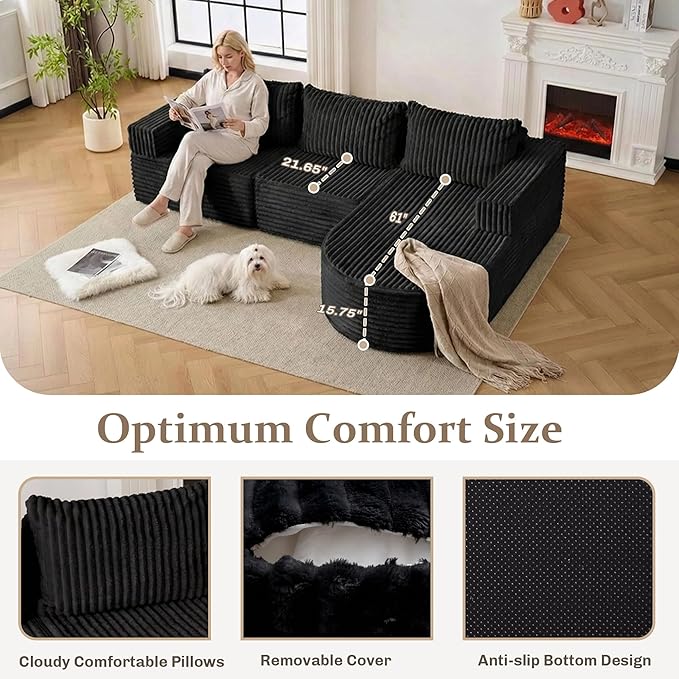 103”Boneless Couches for Living Room, L-Shaped Modular Sectional Sofa with Chaise, Modern Corduroy Cloud Couch with Deep Seat, Comfy Sponge Compression Convertible Sofas