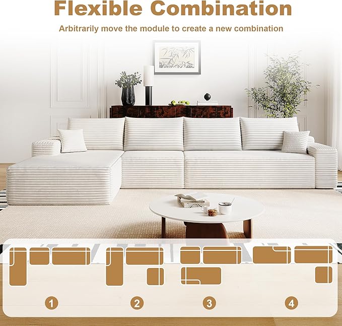 136" Sectional Couches for Living Room Cloud Couch Sofa with L-Shape Upholstered Boneless Couchs Modern Modular Sectional Couch with Chaise (White, 136" Left Facing Chaise+3Seaters)