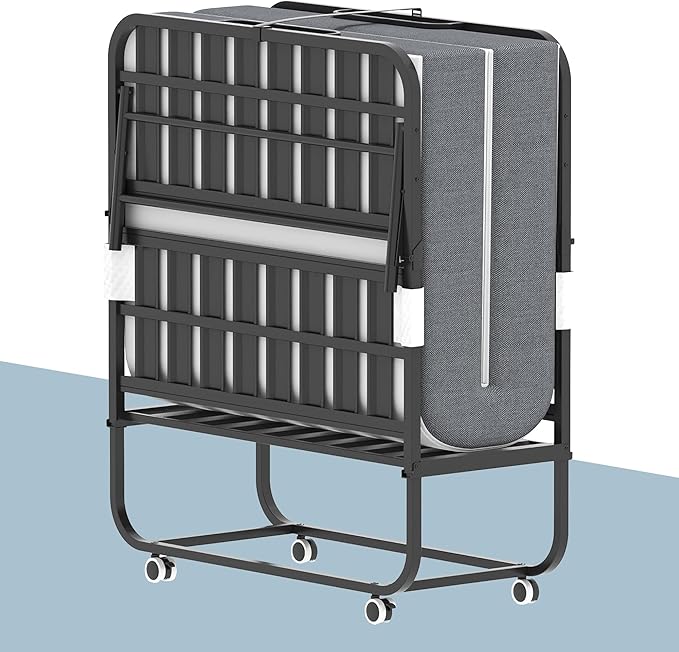 Folding Bed, 74.4"x38" Portable Beds for Adults, Heavy Duty Sturdy Metal Frame, Foldable Bed on Wheels for Twin Size, Space Saving Rollaway Bed for Guest Easy Storage