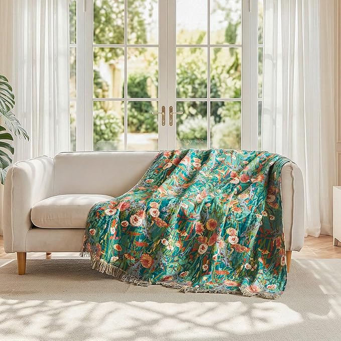 LUTBM King Size Blanket for Bed Soft Cotton Spring Lightweight Quilt Floral Embroidery King Bed Blanket,90"x108" All Season Reversible Blankets for Bedroom Living Room Decor