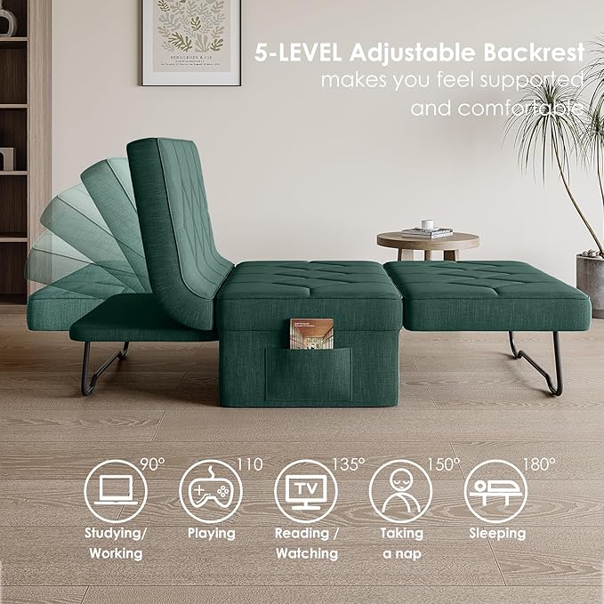 Convertible Sofa Bed with 5-Level Adjustable Backrest, 74" D x 28" W 4-in-1 Folding Ottoman Sleeper Chair Bed, Modern Single Futon Couch for Living Room Apartment Dorm Small Space, Green
