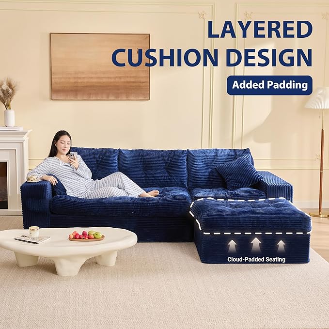Modular Sectional Sofa, 102” L-Shaped Corduroy Couch with Ottoman, Deep Seat Comfy Sectional for Living Room, Set of Soft Upholstered Cloud Couch for Apartment, Blue