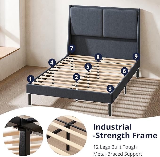 Cozy Castle Full Size Upholstered Platform Bed Frame with 51.2" Tall Wingback Headboard, Double Backrest Metal Bed Frame, No Box Spring Needed, Easy Assembly, Bedroom Furniture, Navy Blue