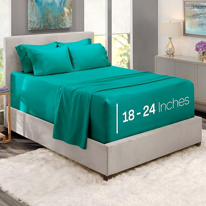 Hearth & Harbor Extra Deep Pocket King Size Sets - Fits Mattress 18-24 Inches Deep - Extra Deep Pocket Sheets - 6 Piece King Size - Teal