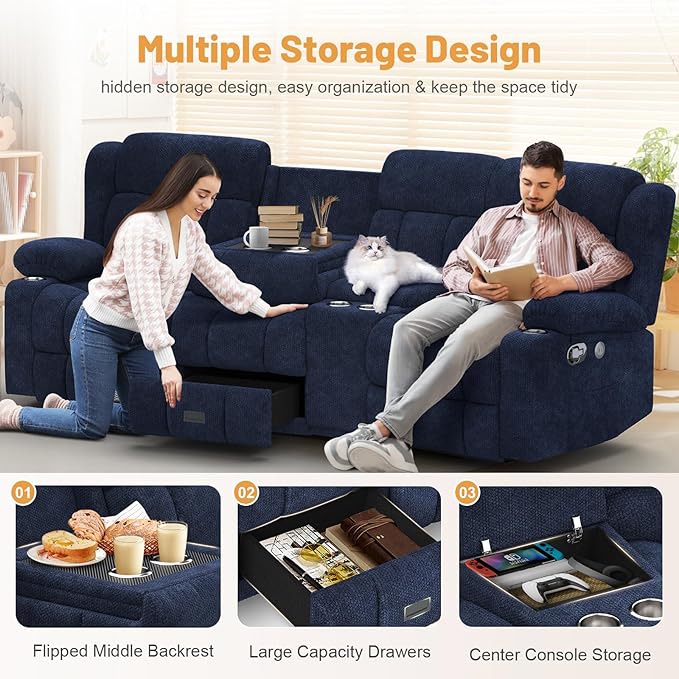 Recliner Sofa Set with Storage Console, Flip Middle Backrest Design 3 Seater Reclining Sofa and Single Recliner Chair, Manual Couches for Living Room (Blue, 3 Seat+Console+1)