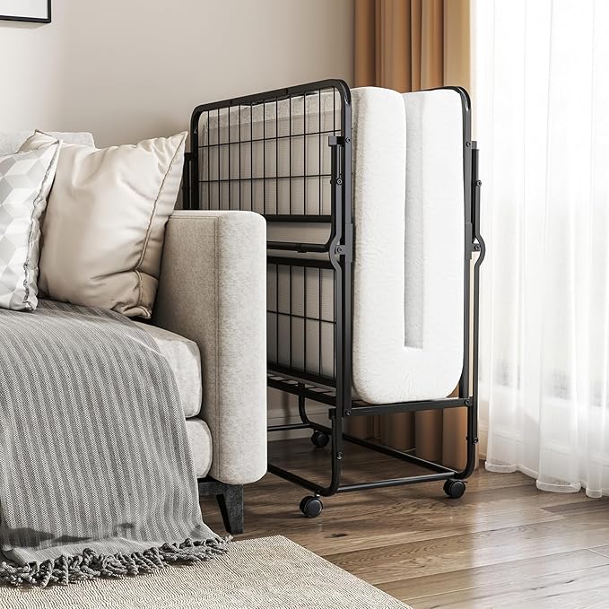 Giantex Twin Folding Bed with Mattress, Roll Away Portable Guest Bed w/Sturdy Metal Frame, Space-Saving Rollaway Bed with Memory Foam Mattress for Adults, 75" x 38"