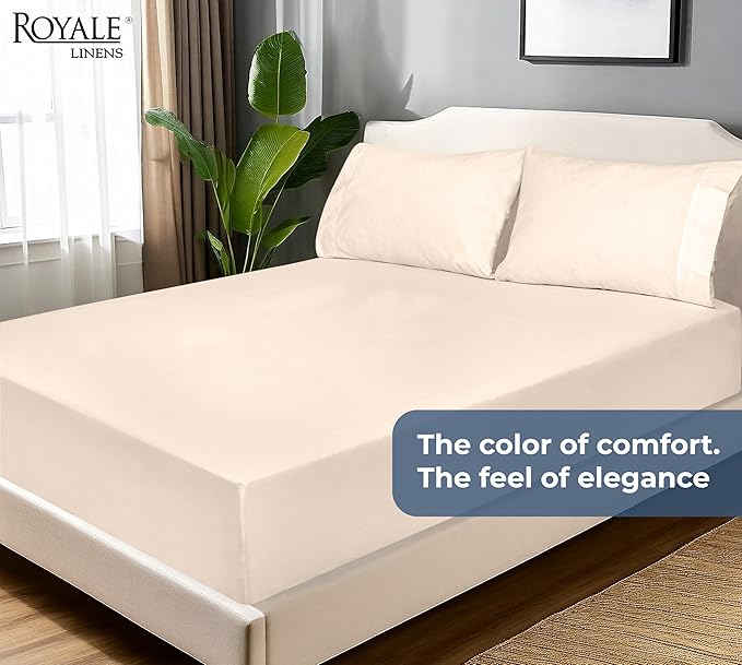 Royale Linens 100% Organic Cotton Fitted Sheet - Percale Weave - Super Soft Deep Pocket Bottom Sheets - Sage Green Elastic Sheet Twin Size - Twin Fitted Sheets Only - (39"x75"+15", Cream)
