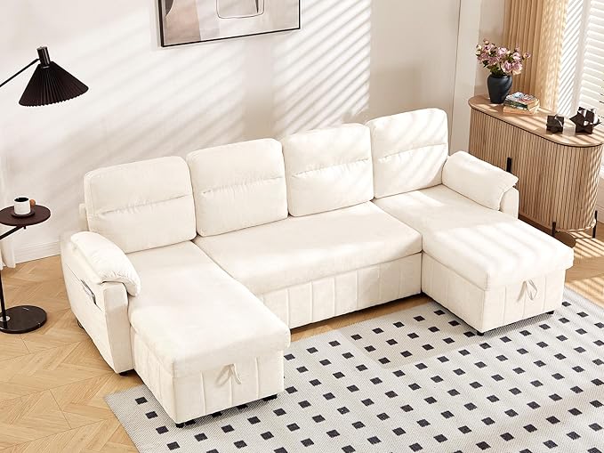 Tbfit 108'' Pull Out Sofa, Cloud Sleeper Sofa Bed with USB & 2 Storage Chaises, Comfy Oersized U Shaped Convertible Sectional Sleeper Couches for Living Room, Apartment, Office, White Sherpa