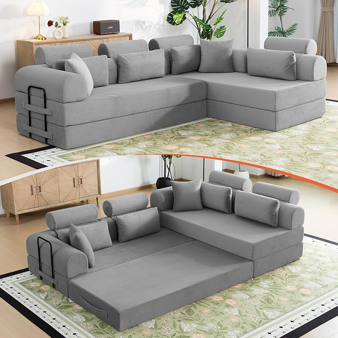 Boneless Sectional for Small Spaces, 106” L Shaped Couch From Two 70.87” Modules, Reconfigures to 141.7” Straight Sofa, Corduroy Compressed Couch in a Box With Headrest Back Pillows, Light Grey