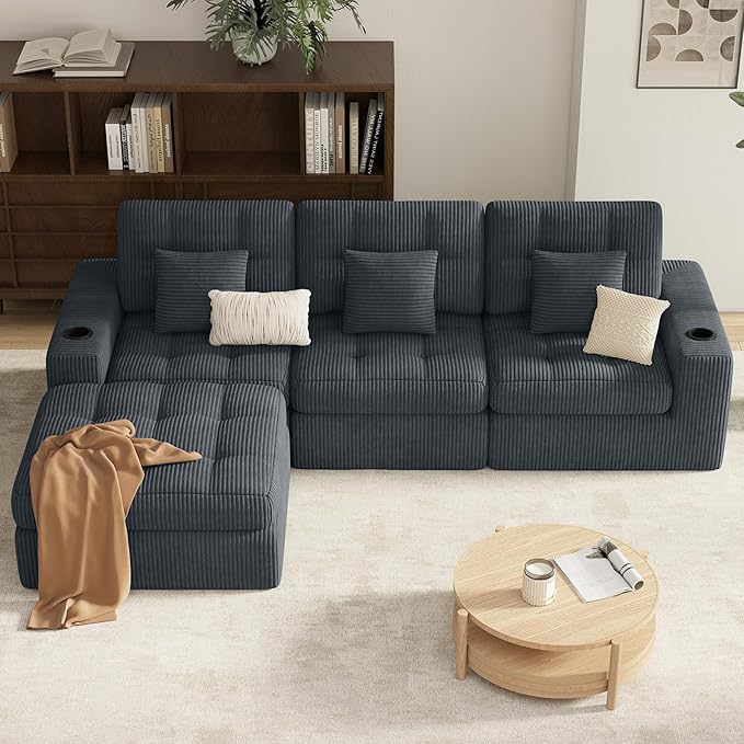 112" L Shaped Cloud Boneless Couch,Modern Modular Sectional Sofa with Layered Cushion,No Assembly Convertible Corduroy Couches for Living Room,Dark Grey 1 PCS