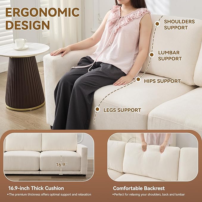 77.4" Modular Sectional Loveseat Sofa, Cloud Deep Seat Couch, Love Seat Sofas for Living Room, 2 Seater Chenille Couches with Thickened Cushions, White