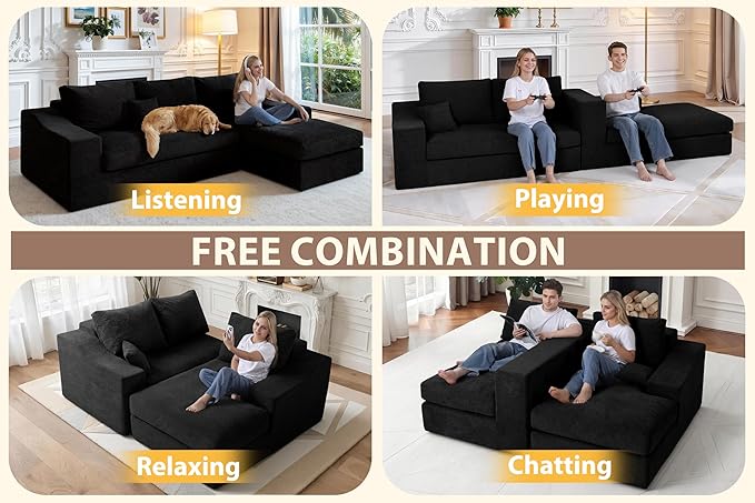 HABUTWAY 101'' Modular Sectional Sofa, Cloud Sectional Couches for Living Room, Comfy Boneless Couch with Deep Seat, Modern L-Shape Sofa with Chaise, No Assembly Required (Black, Right Facing Chaise)