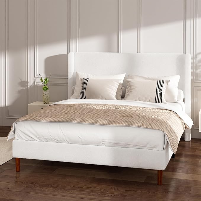 Full Boucle Bed Frame, Platform Bed with Upholstered Wingback Headboard, Strong Wooden Slats Support, Noise-Free, No Box Spring Needed, Easy Assembly, White