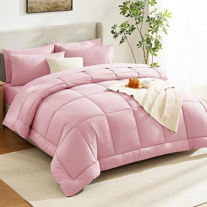 CozyLux Queen Comforter Set Pink, 7 Pieces Bed in a Bag, Pink Comforters Queen Size, All Season Bedding Sets with Stitch Quilted Comforter, Flat Sheet, Fitted Sheet, Pillowcases