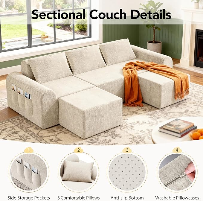 86.6" Cloud Boneless Sectional Sofa for Living Room, 3-Seater Modular Couch for Small Apartments with 2 Ottomans, Deep Seat Chenille Fabric Sofa, No Assembly, 72H Full Restore, Beige