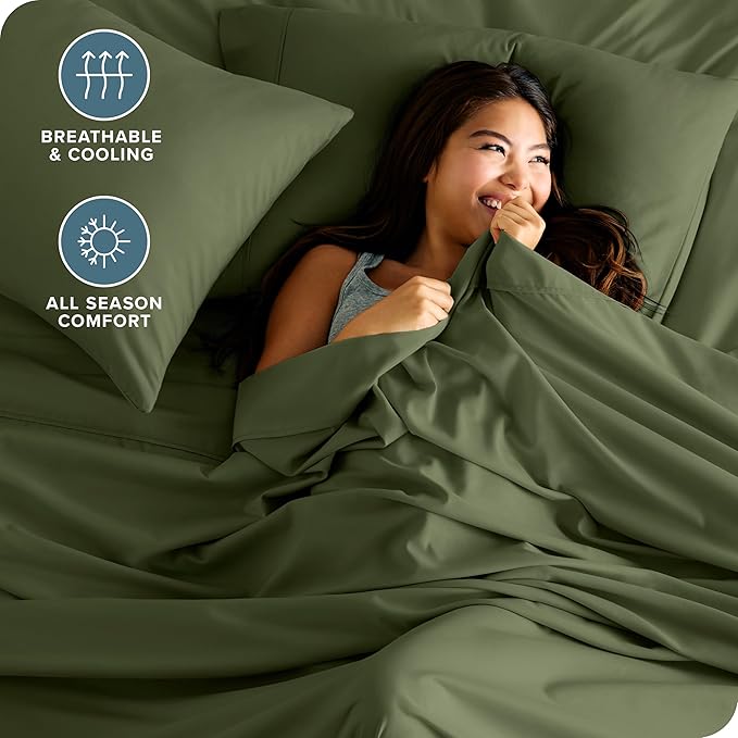 Bare Home Queen Sheet Set - 1800 Ultra-Soft Microfiber Queen Bed Sheets - Double Brushed - Deep Pockets - Easy Fit - 4 Piece Set - Bedding Sheets & Pillowcases (Queen, Cypress)
