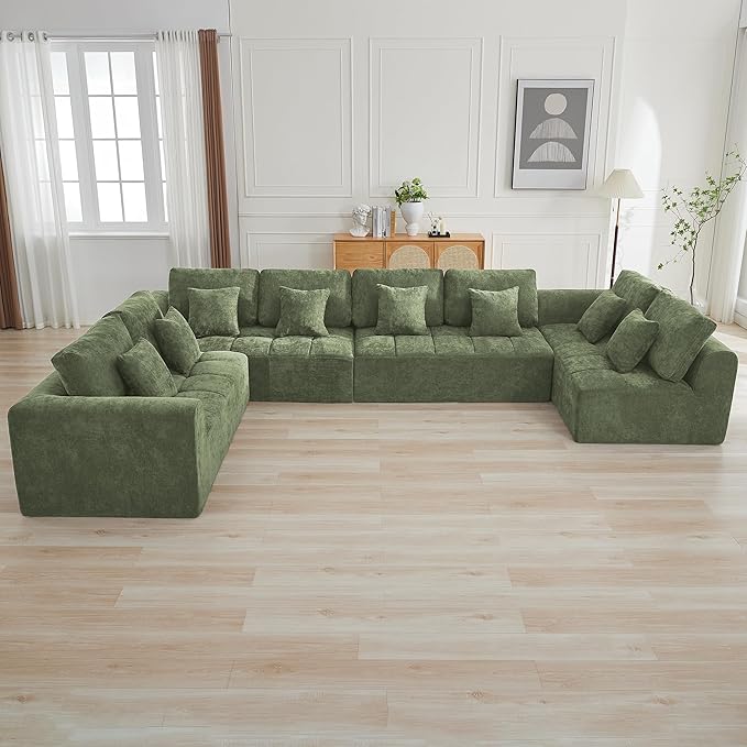 170''Modular Sectional Couches for Living Room, Cloud Boneless Compressed Sectional Sofa, Oversized U Shaped 8 Seater Upholstered Memory Foam Sofa, No Assembly, Chenille Green