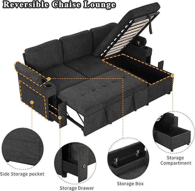 Harper & Bright Designs 83.5" L-Shaped Sofa Couch Convertible Sofa Bed Sectional Sofa with Ample Storage Space, Two Cup Holders and Two USB Ports for Living Room, Black