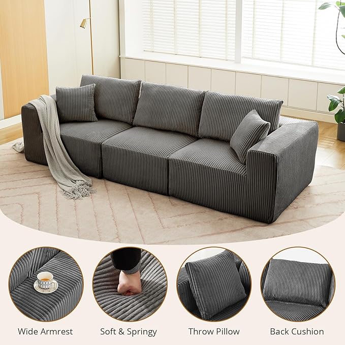 Sectional Cloud Boneless Couch 108" Modern Comfy Linear Straight No Assembly Required Convertible Compression Sleeper Modular Sofa with Corduroy Fabric 3 Deep Seat Single for Living Room