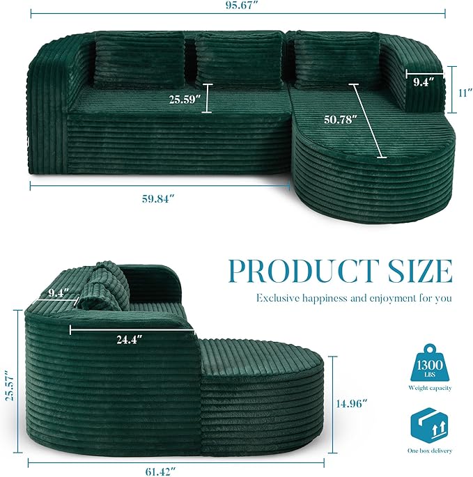 Hobestluk 96" Cloud Sectional Couch Modern Boneless Couch 3 Seater with Oversized Chaise L Shaped Modular Sofa Couches for Living Room Apartment No Assembly Required (Stripe Green,Right Facing Chaise)