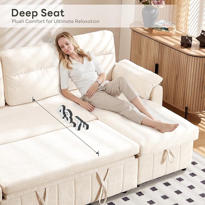 Tbfit 108'' Pull Out Sofa, Cloud Sleeper Sofa Bed with USB & 2 Storage Chaises, Comfy Oersized U Shaped Convertible Sectional Sleeper Couches for Living Room, Apartment, Office, White Sherpa