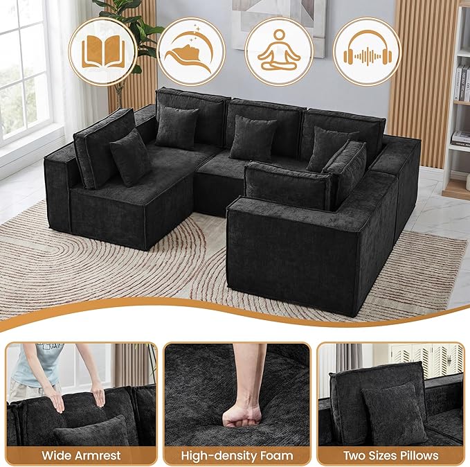 108'' Boneless Chenille U Shaped Couch, Oversized Modular Sectional 5 Seater Sofa, Modern Deep Seat Corner Cloud Compressed Couch, No Assembly Sleeper Sofa with Chaise for Living Room, Black
