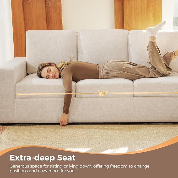 ELUCHANG 85" Modern Couches for Living Room, Natural Linen 3 Seat Sofa, Comfy Deep Seat Sofa, Spring Cushions, Removable Cover, Solid Wood Frame, Easy Assembly Loveseat for Small Space,Apartment,Beige | Breathable material, Easy to Assemble, Removable ...