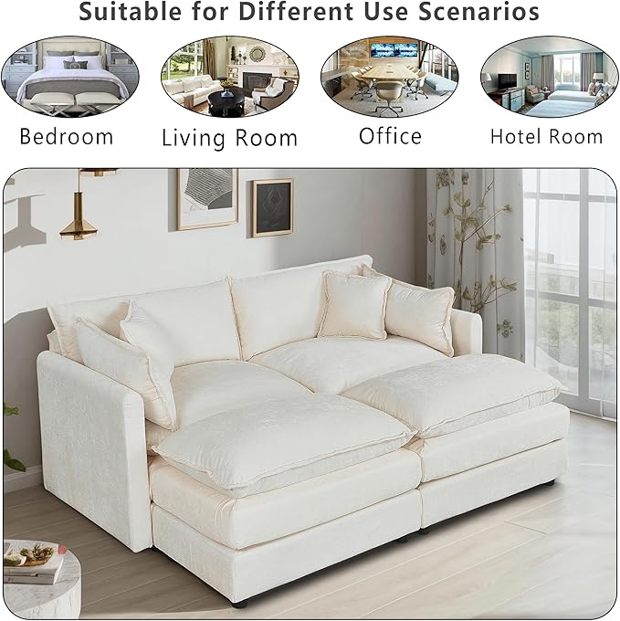 Setawix Deep Loveseat Couch with Ottomans,Large 2 Seater Lounger Cloud Couches for Living Room,77.16" Chenille Cloud Sofas with Deep Seat,Modular Sectional Sleeper Sofa for Bedroom (Beige, 2+2)