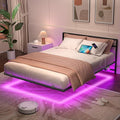 Queen Floating Bed Frame with Headboard, Modern Platform Bed Frame with LED Lights and USB Charging Station, Sturdy Metal Bed Frame for Adults, No Box Spring Needed, Easy Assembly, Noise Free Design