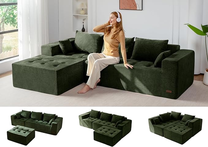 MAXYOYO Modular Sectional Sofa Couch, L Shaped Boneless Cloud Couch with Flexible Ottoman, Chenille Upholstered Living Room Sleeper Sofa Chair for Living Room, No Assembly Required, Dark Green