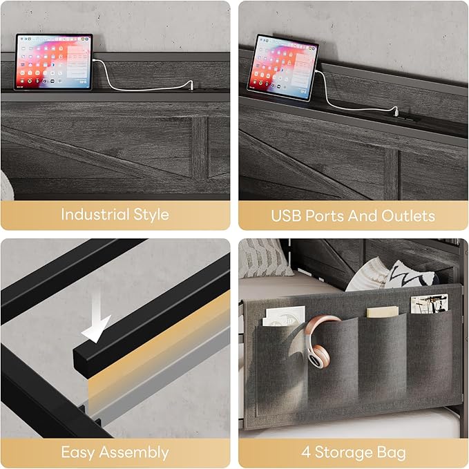 LIKIMIO Twin Daybed, Day Beds with Pop Up Trundle, Storage Headboard with Charging Station, Strong Supports for Apartment and Other Small Space, Charcoal Grey