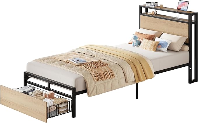 LIKIMIO Twin XL Bed Frames with Drawer, Storage Headboard with Outlets, No Box Spring Needed, Easy Assembly, Wood Color
