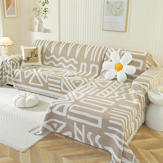 OstepDecor Boho Sectional Couch Covers 2 Pieces, L Shaped Sofa Cover, Chenille Couch Cover for Dogs Washable, Couch Cover Blanket, Sofa Slipcover for 2-3 Cushion Couch (71"x118"+91"x134", Khaki)