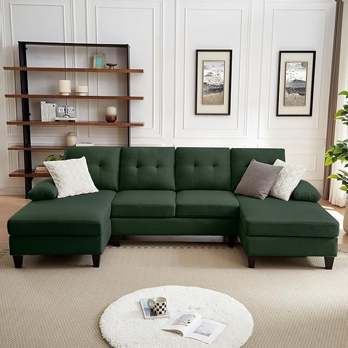 111" Sectional Couch for Living Room, Modern Polyester Fibre U Shaped Sofa Couches with Double Chaise, Upholstered 4 Seater Sofa for Living Room, Apartment, Office, Dark Green